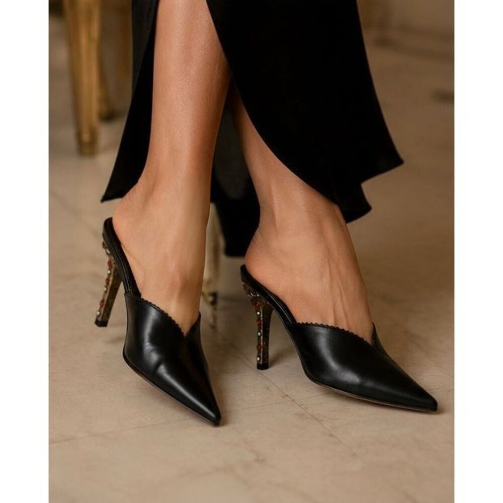 Donald J Pliner Couture Black Leather Jeweled Heel Mules Italy 8.5N